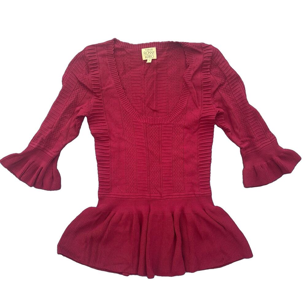 Torn by Ronny Kobo Peplum Knit Sweater Top Size S Burgundy Ruffle Bell Sleeve